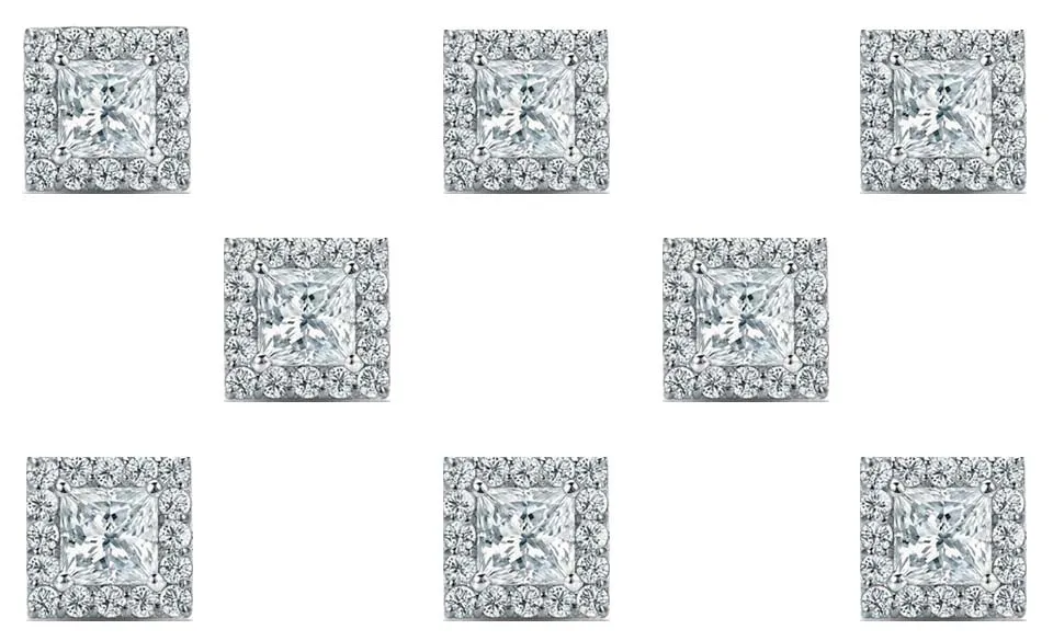 14k White Gold Plated 6mm 3Ct Princess Cut White Sapphire Set of Four Halo Stud Earrings