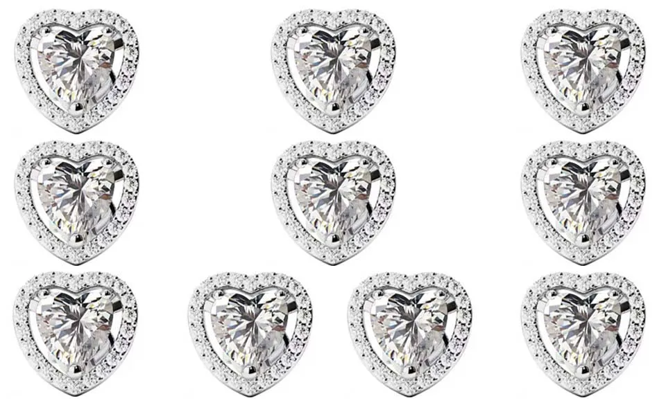 14k White Gold Plated 6mm 4Ct Heart White Sapphire Set of Five Halo Stud Earrings