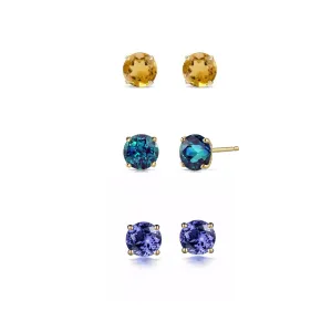 14k Yellow Gold Plated 1Ct Created Citrine, Alexandrite and Tanzanite 3 Pair Round Stud Earrings