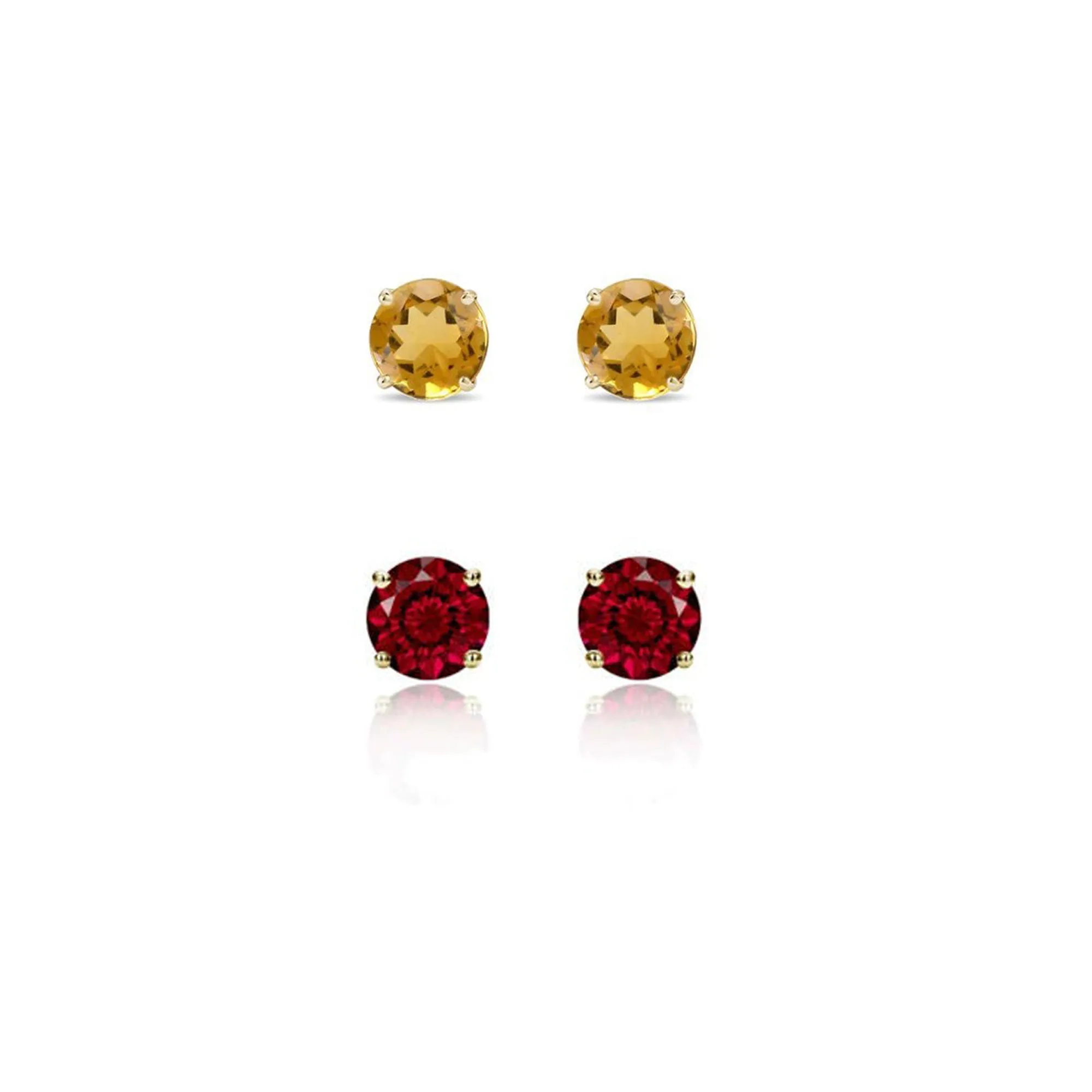 14k Yellow Gold Plated 2Ct Created Citrine and Garnet 2 Pair Round Stud Earrings