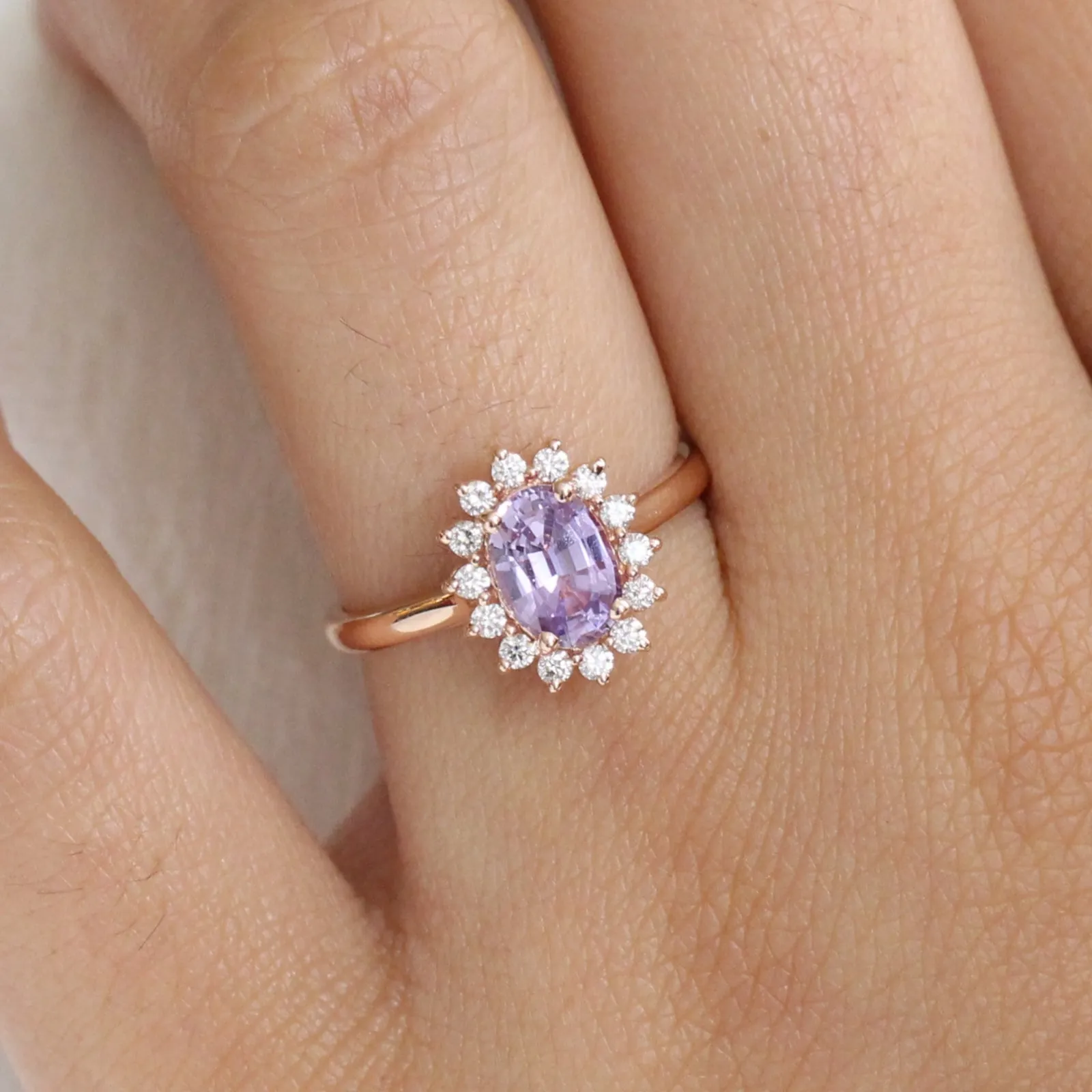 1.52 Ct Oval Sapphire Engagement Ring in 14k Rose Gold Diana Halo Diamond , Size 6.25
