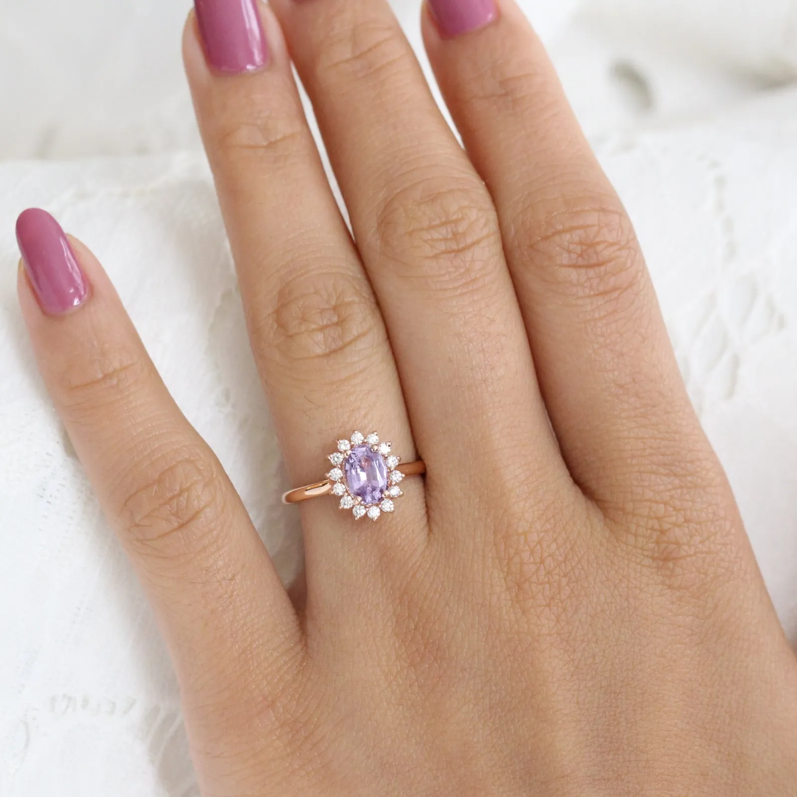 1.52 Ct Oval Sapphire Engagement Ring in 14k Rose Gold Diana Halo Diamond , Size 6.25