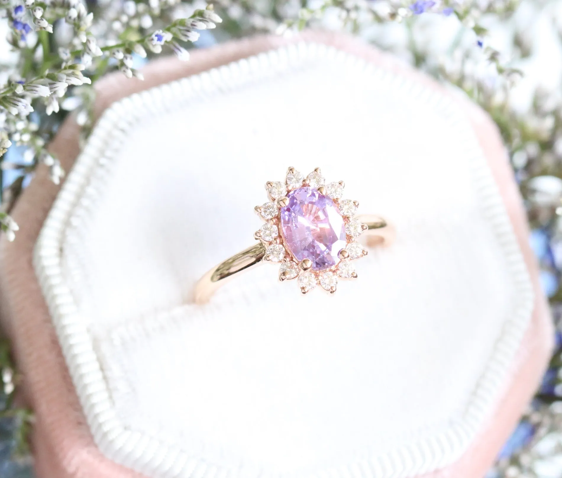1.52 Ct Oval Sapphire Engagement Ring in 14k Rose Gold Diana Halo Diamond , Size 6.25