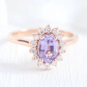 1.52 Ct Oval Sapphire Engagement Ring in 14k Rose Gold Diana Halo Diamond , Size 6.25