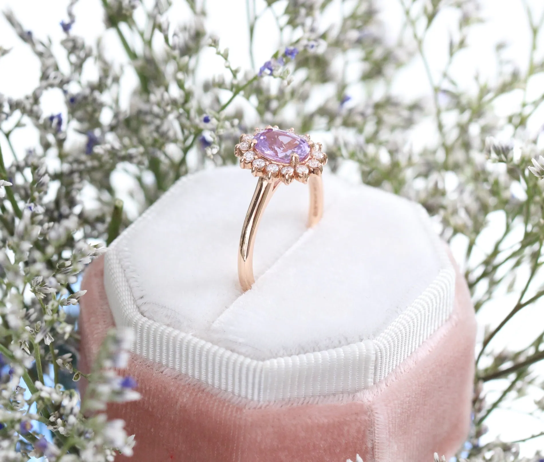 1.52 Ct Oval Sapphire Engagement Ring in 14k Rose Gold Diana Halo Diamond , Size 6.25