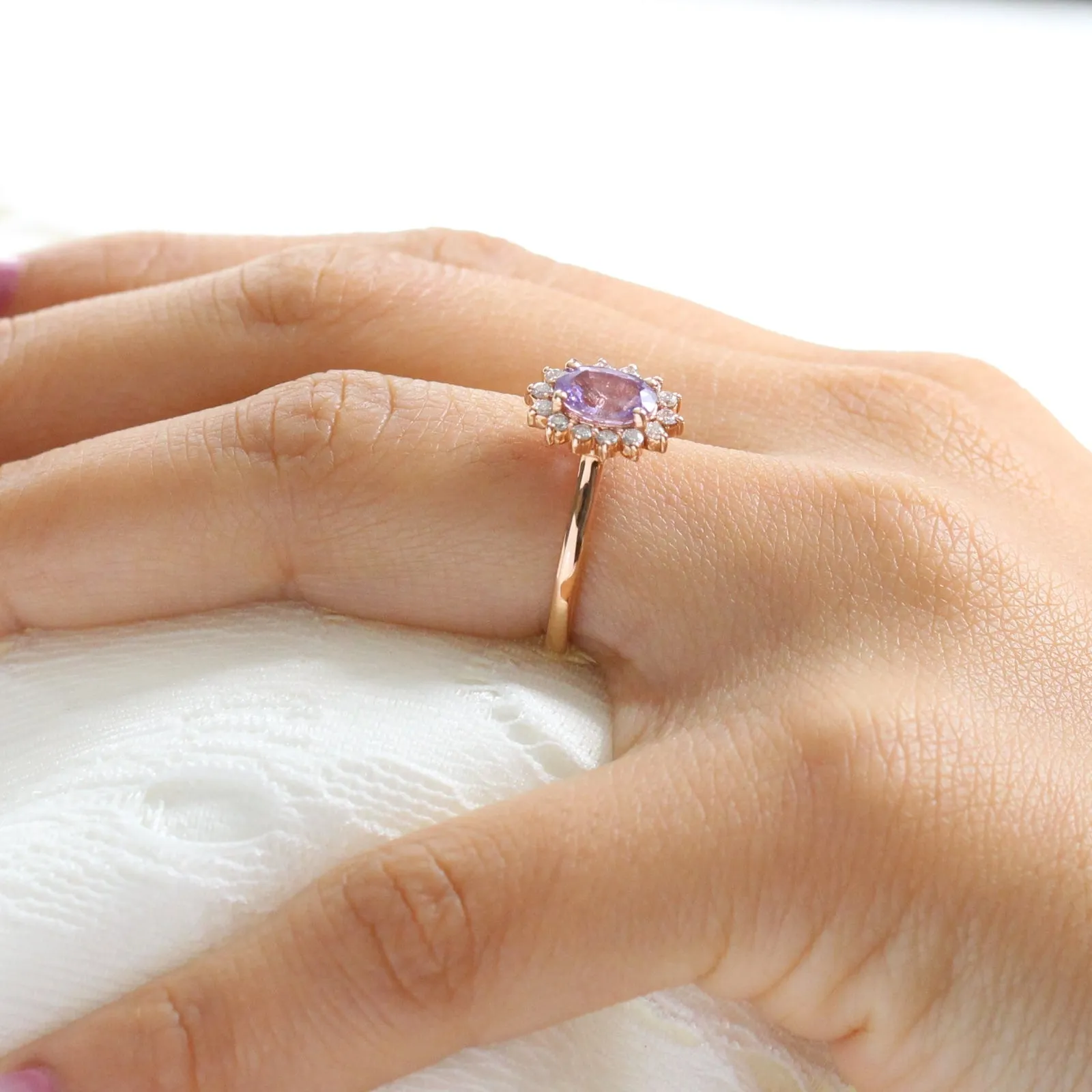 1.52 Ct Oval Sapphire Engagement Ring in 14k Rose Gold Diana Halo Diamond , Size 6.25