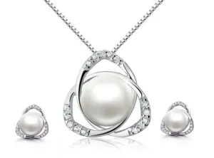 18K White Gold 4 ct Pearl Halo Round 18 Inch Necklace and Earrings Set Plated