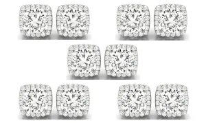 18k White Gold 4mm 4Ct Cushion Cut White Sapphire Set Of Five Halo Stud Earrings Plated
