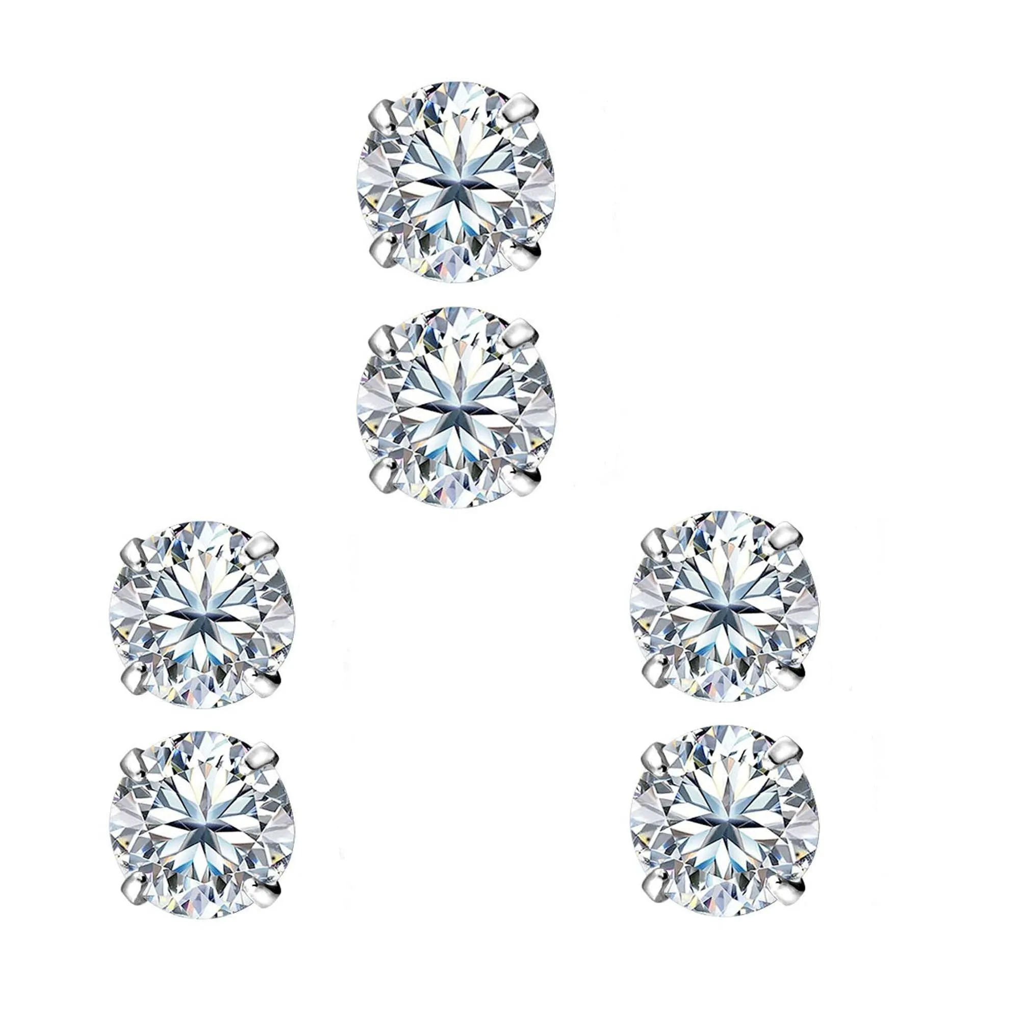 18k White Gold Plated 1/2Ct Round White Sapphire Set Of Three Stud Earrings
