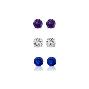 18k White Gold Plated 1Ct Created Amethyst, White Sapphire and Blue Sapphire 3 Pair Round Stud Earrings
