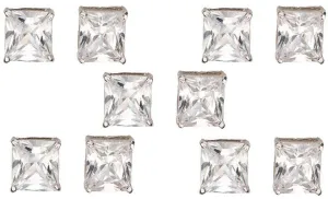 18k White Gold Plated 1Ct Square Cut White Sapphire Set Of Five Stud Earrings