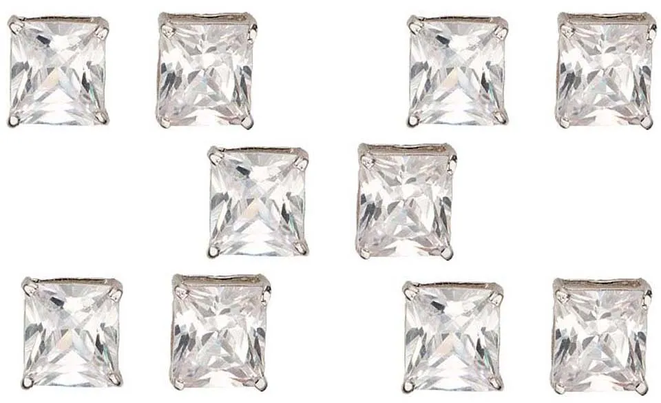 18k White Gold Plated 1Ct Square Cut White Sapphire Set Of Five Stud Earrings