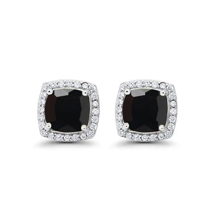 18k White Gold Plated 2 Ct Created Halo Princess Cut Black Sapphire Stud Earrings