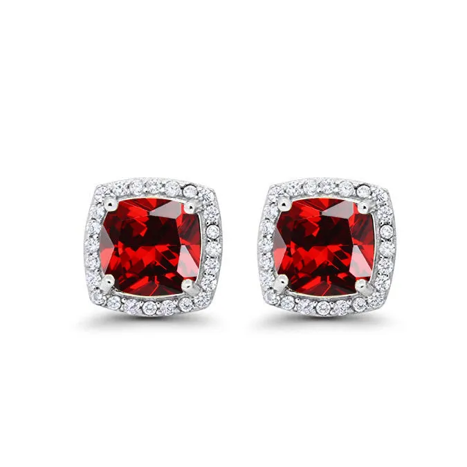 18k White Gold Plated 2 Ct Created Halo Princess Cut Garnet Stud Earrings