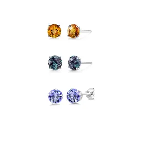 18k White Gold Plated 2Ct Created Citrine, Alexandrite and Tanzanite 3 Pair Round Stud Earrings