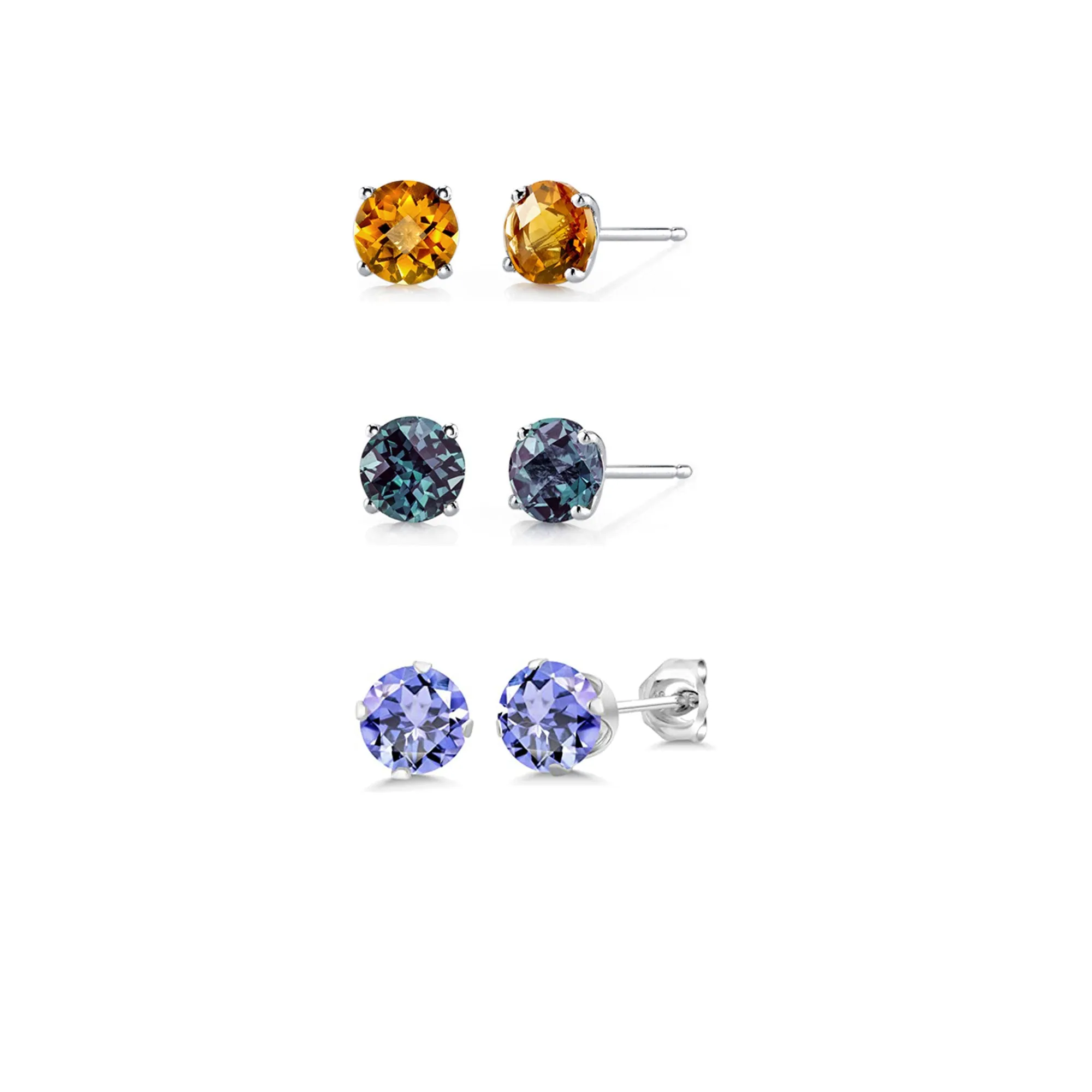 18k White Gold Plated 2Ct Created Citrine, Alexandrite and Tanzanite 3 Pair Round Stud Earrings