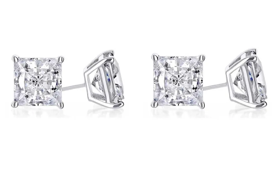 18k White Gold Plated 2Ct Princess Cut White Sapphire Set Of Two Stud Earrings