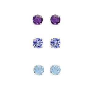 18k White Gold Plated 4Ct Created Amethyst, Tanzanite and Aquamarine 3 Pair Round Stud Earrings