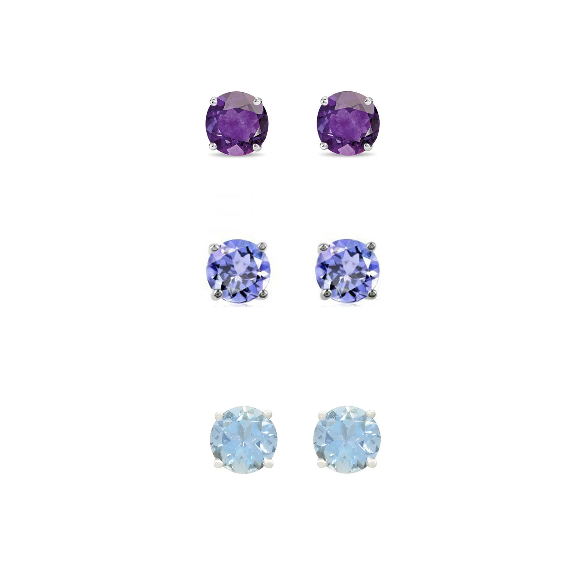 18k White Gold Plated 4Ct Created Amethyst, Tanzanite and Aquamarine 3 Pair Round Stud Earrings
