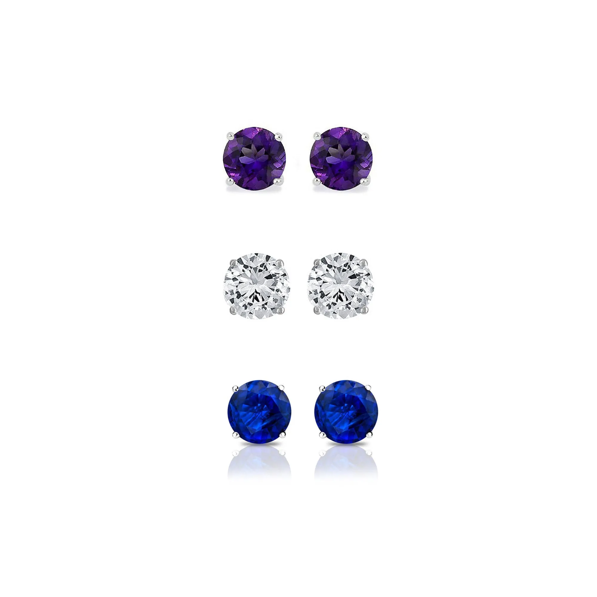 18k White Gold Plated 4Ct Created Amethyst, White Sapphire and Blue Sapphire 3 Pair Round Stud Earrings
