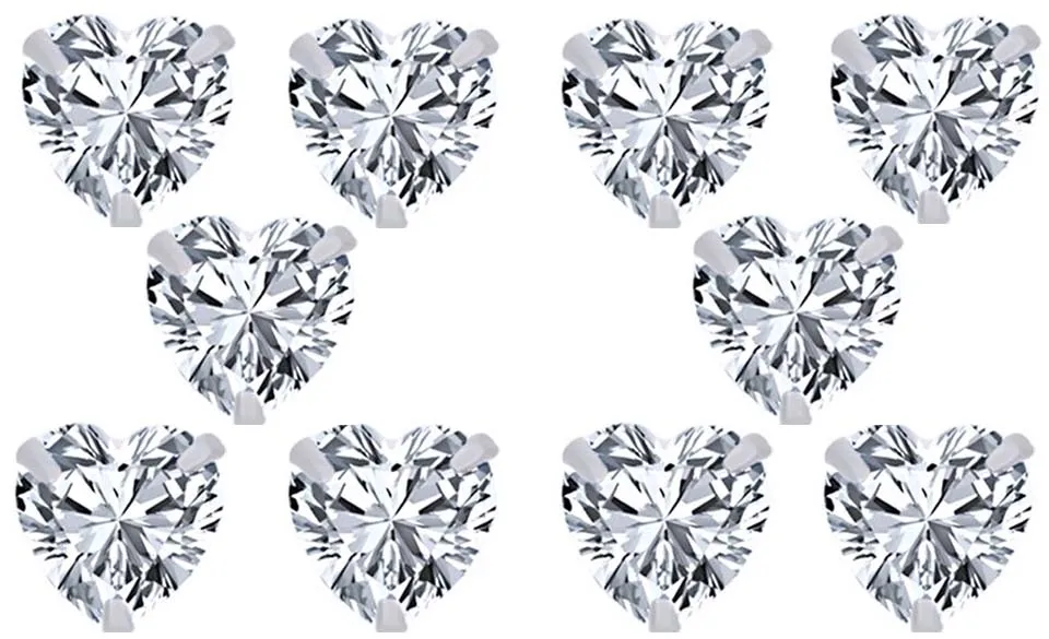 18k White Gold Plated 4mm 1/2Ct Heart White Sapphire Set Of Five Stud Earrings