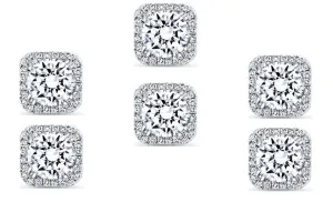 18k White Gold Plated 4mm 1/2Ct Square Cut White Sapphire Set of Three Halo Stud Earrings