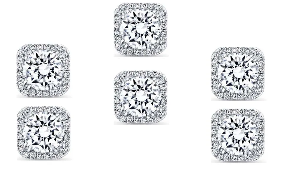 18k White Gold Plated 4mm 1/2Ct Square Cut White Sapphire Set of Three Halo Stud Earrings