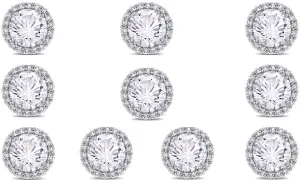 18k White Gold Plated 4mm 1Ct Round White Sapphire Set Of Five Halo Stud Earrings