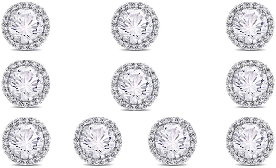18k White Gold Plated 4mm 1Ct Round White Sapphire Set Of Five Halo Stud Earrings