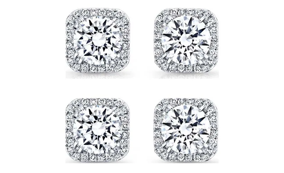 18k White Gold Plated 6mm 1Ct Square Cut White Sapphire Set of Two Halo Stud Earrings