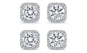 18k White Gold Plated 6mm 1Ct Square Cut White Sapphire Set of Two Halo Stud Earrings