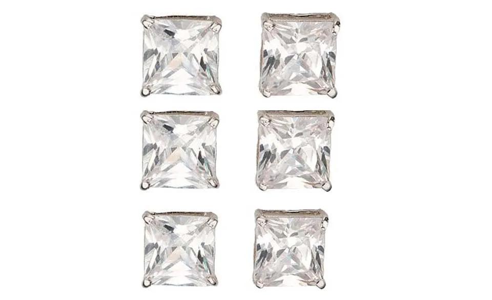 18k White Gold Plated 6mm 4Ct Square Cut White Sapphire Set Of Three Stud Earrings