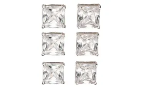 18k White Gold Plated 6mm 4Ct Square Cut White Sapphire Set Of Three Stud Earrings
