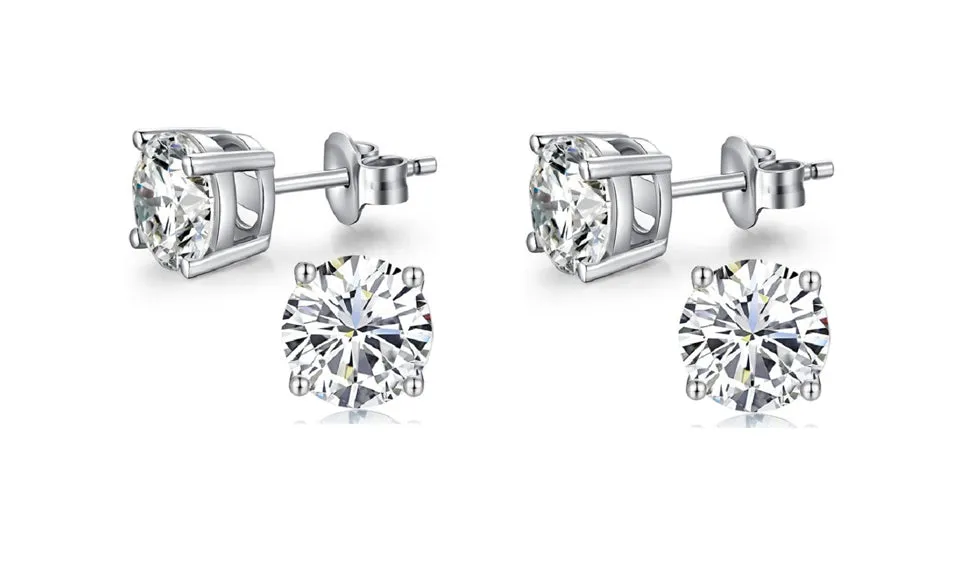 18k White Gold Plated Created White Sapphire 2Ct Round Pack of Two Stud Earrings