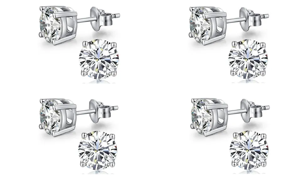 18k White Gold Plated Created White Sapphire 3Ct Round Pack of Four Stud Earrings