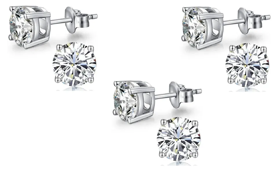 18k White Gold Plated Created White Sapphire 3Ct Round Pack of Three Stud Earrings