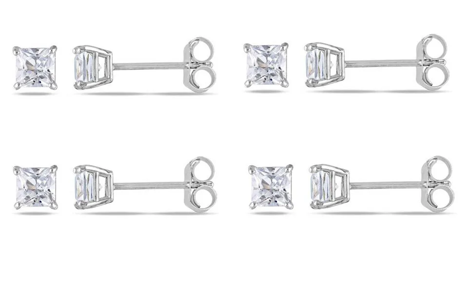 18k White Gold Plated Created White Sapphire 3Ct Square Cut Set of Four Stud Earrings