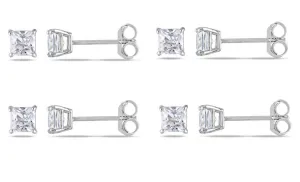 18k White Gold Plated Created White Sapphire 3Ct Square Cut Set of Four Stud Earrings