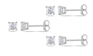 18k White Gold Plated Created White Sapphire 3Ct Square Cut Set of Three Stud Earrings