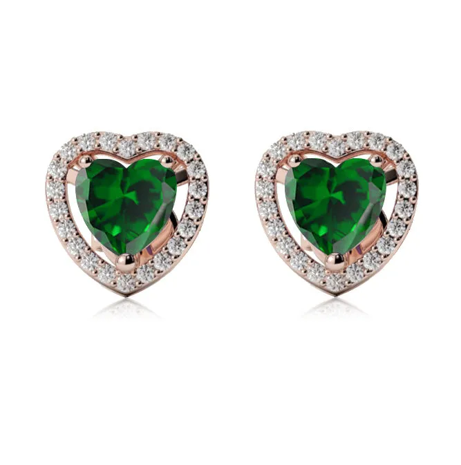 24k Rose Gold Plated 1 Ct Created Halo Heart Emerald Stud Earrings