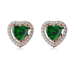 24k Rose Gold Plated 1 Ct Created Halo Heart Emerald Stud Earrings