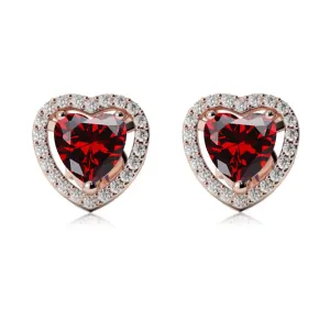 24k Rose Gold Plated 1 Ct Created Halo Heart Garnet Stud Earrings