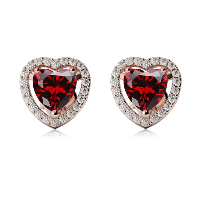 24k Rose Gold Plated 1 Ct Created Halo Heart Garnet Stud Earrings