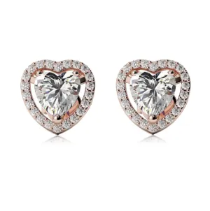 24k Rose Gold Plated 1 Ct Created Halo Heart White Sapphire Stud Earrings