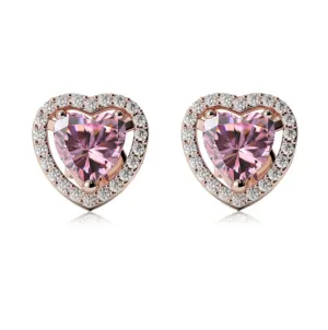 24k Rose Gold Plated 3 Ct Created Halo Heart Pink Sapphire Stud Earrings