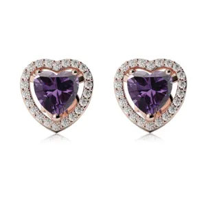 24k Rose Gold Plated 4 Ct Created Halo Heart Amethyst Stud Earrings