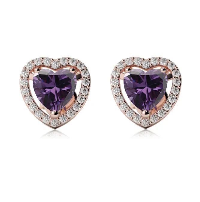 24k Rose Gold Plated 4 Ct Created Halo Heart Amethyst Stud Earrings