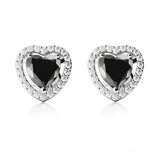 24k White Gold Plated 1 Ct Created Halo Heart Black Sapphire Stud Earrings