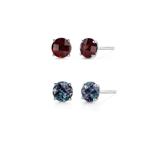 24k White Gold Plated 4Ct Created Garnet and Alexandrite 2 Pair Round Stud Earrings