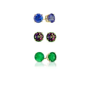 24k Yellow Gold Plated 4Ct Created Tanzanite, Mystic Topaz and Emerald 3 Pair Round Stud Earrings